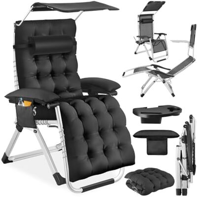 tectake ® Chaise longue de jardin, chaise longue pliable avec pare-soleil, chaise longue de plage avec coussin appui-tête, tissu respirant, dossier réglable, étagère de rangement, noir tectake ® Chaise longue de jardin, chaise longue pliable avec pare-soleil, chaise longue de plage avec coussin appui-tête, tissu respirant, dossier réglable, étagère de rangement, noir