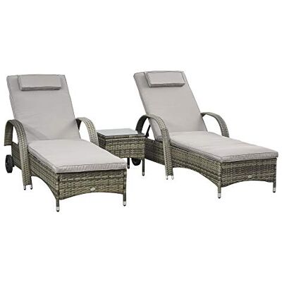 Outsunny Lot de 2 Transats Bains de Soleil Grand Confort Matelas Grise Têtière, Inclinaison Réglable Multipositions, Accoudoirs, Roulettes, Table Basse Verre Trempé Résine Tressée Outsunny Lot de 2 Transats Bains de Soleil Grand Confort Matelas Grise Têtière, Inclinaison Réglable Multipositions, Accoudoirs, Roulettes, Table Basse Verre Trempé Résine Tressée