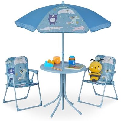 Relaxdays Ensemble chaise table de camping, pour enfants, meubles, avec parasol, pliables, motif animaux, jardin, bleu Relaxdays Ensemble chaise table de camping, pour enfants, meubles, avec parasol, pliables, motif animaux, jardin, bleu