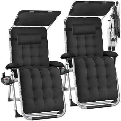 tectake ® Lot de 2 chaises longues pliantes avec toit pare-soleil, fauteuil d'extérieur pour balcon ou jardin, chaise longue avec coussin extra épais, charge maximale : 200 kg, noir tectake ® Lot de 2 chaises longues pliantes avec toit pare-soleil, fauteuil d'extérieur pour balcon ou jardin, chaise longue avec coussin extra épais, charge maximale : 200 kg, noir