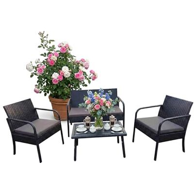 Relaxdays Salon de Jardin 4 pièces en polyrotin, 4 Personnes, Banc, 2 chaises, Table, mobilier d'extérieur, Noir 78x106x Relaxdays Salon de Jardin 4 pièces en polyrotin, 4 Personnes, Banc, 2 chaises, Table, mobilier d'extérieur, Noir 78x106x