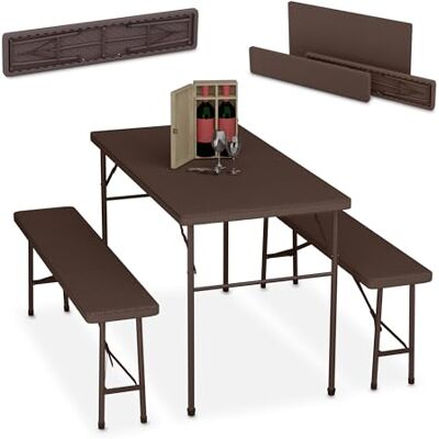 Relaxdays Ensemble de 3 bancs à bière pliables avec grande table, jardin, chapiteau, aspect rotin, marron Relaxdays Ensemble de 3 bancs à bière pliables avec grande table, jardin, chapiteau, aspect rotin, marron