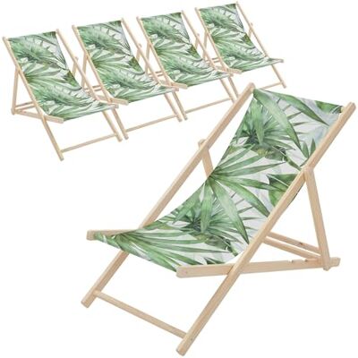 ECD Germany Lot de 5 Chaises Longues Pliantes en Bois Chiliennes, Motif Palmier, Vert-Blanc, Dossier Réglable, 3 Positions de Couchage, jusqu'à 120 kg, Bain de Soleil en Tissu, Plage ou Jardin ECD Germany Lot de 5 Chaises Longues Pliantes en Bois Chiliennes, Motif Palmier, Vert-Blanc, Dossier Réglable, 3 Positions de Couchage, jusqu'à 120 kg, Bain de Soleil en Tissu, Plage ou Jardin