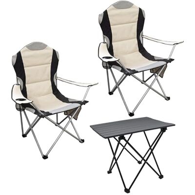 Spetebo Salon de camping 3 pièces avec table pliante en aluminium et sac de transport – Beige – Ensemble de table de jardin avec 2 chaises de camping jusqu'à 150 kg – Chaise de pêche d'extérieur Spetebo Salon de camping 3 pièces avec table pliante en aluminium et sac de transport – Beige – Ensemble de table de jardin avec 2 chaises de camping jusqu'à 150 kg – Chaise de pêche d'extérieur