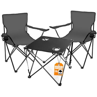 BigDean Lot de 2 chaises de camping pliables avec table de camping, gris Chaise pliante avec porte-gobelet, table et sac de transport, idéale pour le camping, les festivals et plus encore BigDean Lot de 2 chaises de camping pliables avec table de camping, gris Chaise pliante avec porte-gobelet, table et sac de transport, idéale pour le camping, les festivals et plus encore