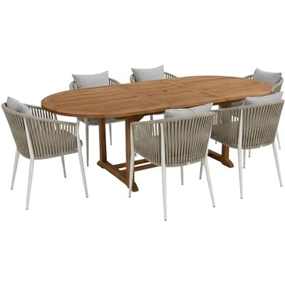 AXI Marzi & Faye Salon de Jardin en Teck Beige Salle à Manger Extérieure, Set 7 Pièces avec Table Ovale Extensible & 6 Chaises, Coussins Inclus AXI Marzi & Faye Salon de Jardin en Teck Beige Salle à Manger Extérieure, Set 7 Pièces avec Table Ovale Extensible & 6 Chaises, Coussins Inclus