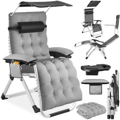 tectake ® Chaise longue pliable avec toit pare-soleil, fauteuil d'extérieur pour balcon ou jardin, chaise longue avec coussin extra épais, charge maximale : 200 kg Gris clair tectake ® Chaise longue pliable avec toit pare-soleil, fauteuil d'extérieur pour balcon ou jardin, chaise longue avec coussin extra épais, charge maximale : 200 kg Gris clair