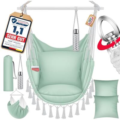 KESSER Safari Fauteuil suspendu XXL pour adultes et enfants jusqu'à 150 kg Siège suspendu pour intérieur et extérieur Avec sac de transport, 2 coussins, porte-gobelet et compartiment à livres Vert KESSER Safari Fauteuil suspendu XXL pour adultes et enfants jusqu'à 150 kg Siège suspendu pour intérieur et extérieur Avec sac de transport, 2 coussins, porte-gobelet et compartiment à livres Vert