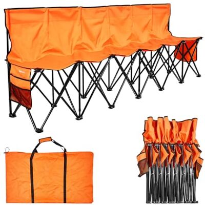VEVOR Banc de football pliable portable, 6 places avec poches latérales et sac de transport, siège latéral léger avec dossier pour football, baseball, camping, événements en plein air, orange VEVOR Banc de football pliable portable, 6 places avec poches latérales et sac de transport, siège latéral léger avec dossier pour football, baseball, camping, événements en plein air, orange