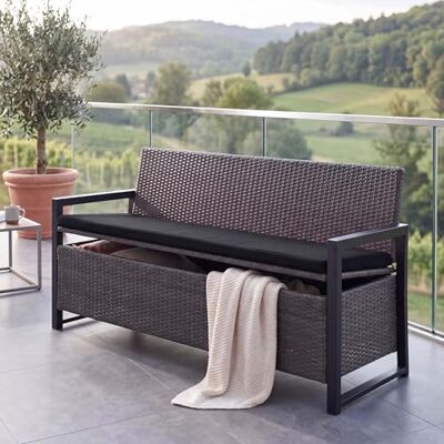Mendler HWC-F39 Banc de jardin 3 places en rotin synthétique avec compartiment de rangement Gris Coussin noir Mendler HWC-F39 Banc de jardin 3 places en rotin synthétique avec compartiment de rangement Gris Coussin noir