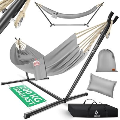KESSER Hamac Lake avec support, double pour 2 personnes, charge maximale de 200 kg, pour l'intérieur et l'extérieur, fauteuil suspendu XXL, jardin, piscine, balcon, terrasse, avec coussin, sac et sac KESSER Hamac Lake avec support, double pour 2 personnes, charge maximale de 200 kg, pour l'intérieur et l'extérieur, fauteuil suspendu XXL, jardin, piscine, balcon, terrasse, avec coussin, sac et sac