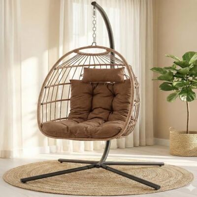 SereneLife Fauteuil Suspendu Pliable en Rotin Tressé avec support – Fauteuil Oeuf Suspendu Coussin de Siège Imperméable et appui-tête pour Patio, Chambre, Véranda et Jardin (marron) Taille Unique SereneLife Fauteuil Suspendu Pliable en Rotin Tressé avec support – Fauteuil Oeuf Suspendu Coussin de Siège Imperméable et appui-tête pour Patio, Chambre, Véranda et Jardin (marron) Taille Unique