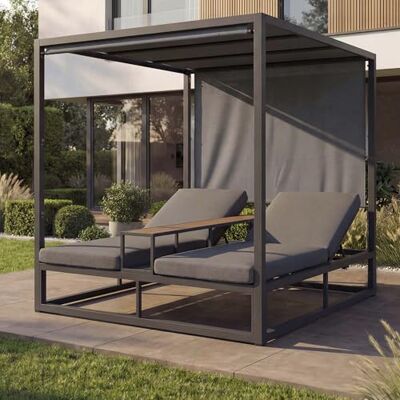 Mendler Chaise longue de jardin en aluminium HWC-P81 Gris foncé Chaise longue avec rembourrage de 10 cm, 220 g/m², 196 x 165 x 196 cm Mendler Chaise longue de jardin en aluminium HWC-P81 Gris foncé Chaise longue avec rembourrage de 10 cm, 220 g/m², 196 x 165 x 196 cm
