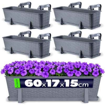 KADAX Lot de 4 Jardinière de Balcon 60cm, env. 48L, jardinière plastique résistante intempéries, Graphite, rectangulaire Balcon Terrasse Jardin KADAX Lot de 4 Jardinière de Balcon 60cm, env. 48L, jardinière plastique résistante intempéries, Graphite, rectangulaire Balcon Terrasse Jardin