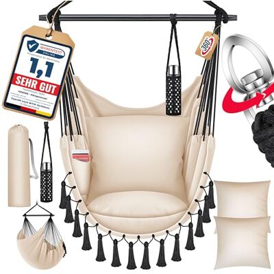 KESSER Safari Fauteuil suspendu XXL pour adultes et enfants jusqu'à 150 kg Siège suspendu pour intérieur et extérieur Avec sac de transport, 2 coussins, porte-gobelet et compartiment à livres Beige KESSER Safari Fauteuil suspendu XXL pour adultes et enfants jusqu'à 150 kg Siège suspendu pour intérieur et extérieur Avec sac de transport, 2 coussins, porte-gobelet et compartiment à livres Beige
