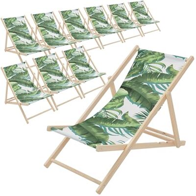 ECD Germany Lot de 10 Chaises Longues Pliantes en Bois Chiliennes, Motif Tropical, Vert-Blanc, Dossier Réglable, 3 Positions de Couchage, jusqu'à 120 kg, Bain de Soleil en Tissu, Plage ou Jardin ECD Germany Lot de 10 Chaises Longues Pliantes en Bois Chiliennes, Motif Tropical, Vert-Blanc, Dossier Réglable, 3 Positions de Couchage, jusqu'à 120 kg, Bain de Soleil en Tissu, Plage ou Jardin