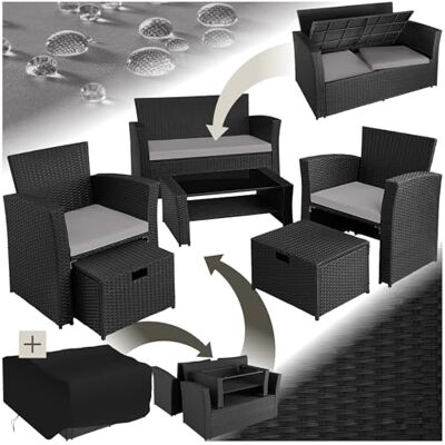 tectake ® Salon de jardin en osier pour 4 personnes avec tabouret- Salon de jardin en polyrotin avec coffre de rangement intégré dans le banc Balcon Noir/gris tectake ® Salon de jardin en osier pour 4 personnes avec tabouret- Salon de jardin en polyrotin avec coffre de rangement intégré dans le banc Balcon Noir/gris