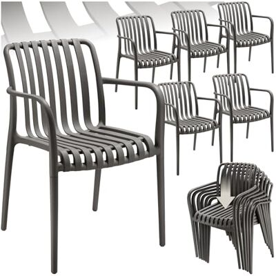 tectake ® Lot de 6 Chaises de Jardin Alcudia Anthracite avec Accoudoirs Ensemble pour Table ou Camping, Empilables pour Terrasse ou Balcon tectake ® Lot de 6 Chaises de Jardin Alcudia Anthracite avec Accoudoirs Ensemble pour Table ou Camping, Empilables pour Terrasse ou Balcon