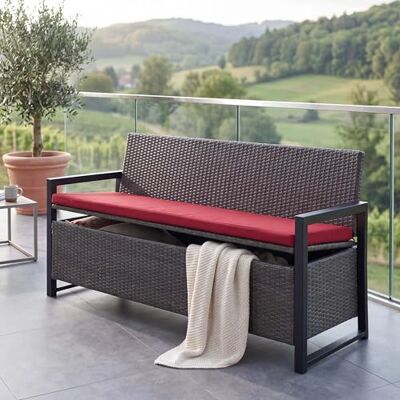 Mendler HWC-F39 Banc de jardin 3 places en rotin synthétique avec compartiment de rangement Gris Coussin bordeaux Mendler HWC-F39 Banc de jardin 3 places en rotin synthétique avec compartiment de rangement Gris Coussin bordeaux