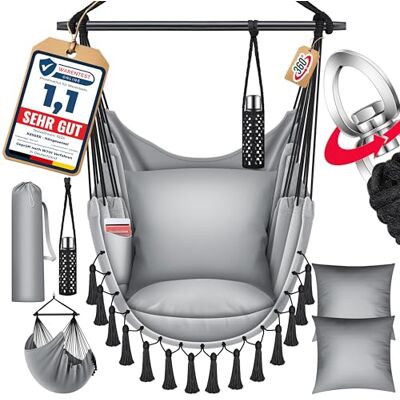 KESSER Safari Fauteuil suspendu XXL pour adultes et enfants jusqu'à 150 kg Siège suspendu pour intérieur et extérieur Avec sac de transport, 2 coussins, porte-gobelet et compartiment à livres Gris KESSER Safari Fauteuil suspendu XXL pour adultes et enfants jusqu'à 150 kg Siège suspendu pour intérieur et extérieur Avec sac de transport, 2 coussins, porte-gobelet et compartiment à livres Gris