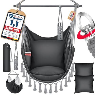 KESSER Safari Fauteuil suspendu XXL pour adultes et enfants jusqu'à 150 kg Siège suspendu pour intérieur et extérieur Avec sac de transport, 2 coussins, porte-gobelet et compartiment à livres KESSER Safari Fauteuil suspendu XXL pour adultes et enfants jusqu'à 150 kg Siège suspendu pour intérieur et extérieur Avec sac de transport, 2 coussins, porte-gobelet et compartiment à livres