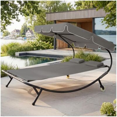 tectake ® Bain de Soleil pour 2 personnes Chaise longue de jardin avec cadre stable à 2 roues Avec auvent réglable en continu Chaise longue XL Avec roues et oreillers Max. 250kg Gris tectake ® Bain de Soleil pour 2 personnes Chaise longue de jardin avec cadre stable à 2 roues Avec auvent réglable en continu Chaise longue XL Avec roues et oreillers Max. 250kg Gris