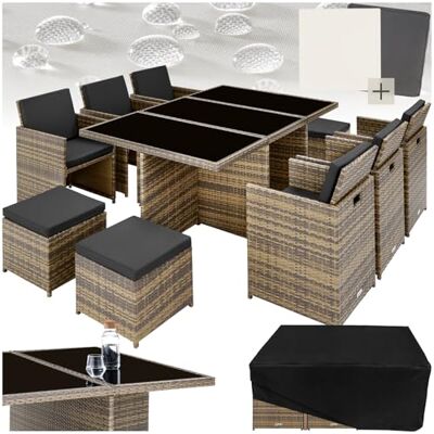 tectake ® Salon de jardin en osier et piètement en aluminium 6 chaises, 1 table, 4 tabourets Salon de jardin pouvant accueillir jusqu'à 10 personnes Mobilier de terrasse Div. couleurs Nature tectake ® Salon de jardin en osier et piètement en aluminium 6 chaises, 1 table, 4 tabourets Salon de jardin pouvant accueillir jusqu'à 10 personnes Mobilier de terrasse Div. couleurs Nature