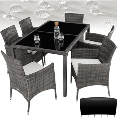 tectake Salon de jardin en polyrotin pour 6 personnes, meubles de jardin avec table et 6 chaises, pour jardin, terrasse et balcon, avec coussins d'assise et housse de protection, gris/blanc tectake Salon de jardin en polyrotin pour 6 personnes, meubles de jardin avec table et 6 chaises, pour jardin, terrasse et balcon, avec coussins d'assise et housse de protection, gris/blanc