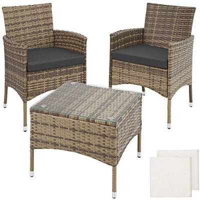 tectake ® Salon de jardin en osier avec housses interchangeables 2 chaises et table avec plateau en verre 2 chaises longues avec accoudoirs et table Meuble de balcon Naturel tectake ® Salon de jardin en osier avec housses interchangeables 2 chaises et table avec plateau en verre 2 chaises longues avec accoudoirs et table Meuble de balcon Naturel