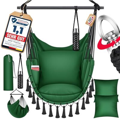 KESSER Safari Fauteuil suspendu XXL pour adultes et enfants jusqu'à 150 kg Siège suspendu pour intérieur et extérieur Avec sac de transport, 2 coussins, porte-gobelet et compartiment à livres Vert KESSER Safari Fauteuil suspendu XXL pour adultes et enfants jusqu'à 150 kg Siège suspendu pour intérieur et extérieur Avec sac de transport, 2 coussins, porte-gobelet et compartiment à livres Vert
