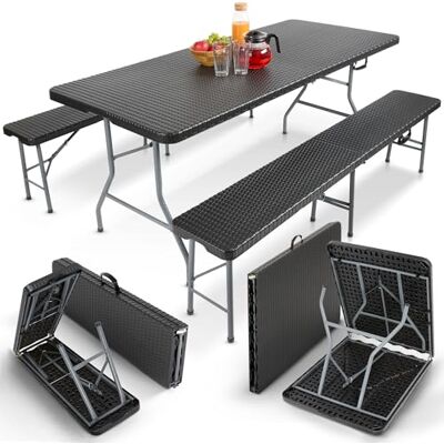 Arebos Lot de 1 tables et 2 bancs de jardin pour l'intérieur et l'extérieur Table à bière pliante et avec poignée de transport Aspect rotin noir Arebos Lot de 1 tables et 2 bancs de jardin pour l'intérieur et l'extérieur Table à bière pliante et avec poignée de transport Aspect rotin noir
