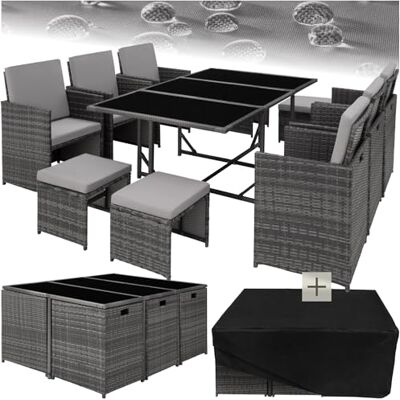 tectake Ensemble de jardin en osier avec base en acier Comprend 6 chaises, 1 table, 4 tabourets Ensemble salon de jardin Pour jusqu'à 10 personnes Mobilier de terrasse Div. couleurs (gris) tectake Ensemble de jardin en osier avec base en acier Comprend 6 chaises, 1 table, 4 tabourets Ensemble salon de jardin Pour jusqu'à 10 personnes Mobilier de terrasse Div. couleurs (gris)