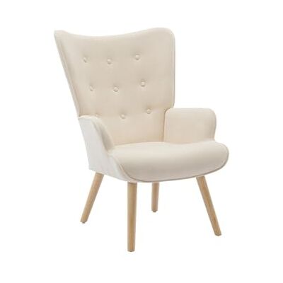 Unique Fauteuil droit 1 place Vately tissu beige Base en bois, effet matelassé Unique Fauteuil droit 1 place Vately tissu beige Base en bois, effet matelassé