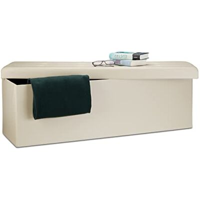 Relaxdays Pouf de rangement pliable XL 38 x 114 x 38 cm, assise robuste avec banc, simili cuir, avec couvercle amovible, couleur crème Relaxdays Pouf de rangement pliable XL 38 x 114 x 38 cm, assise robuste avec banc, simili cuir, avec couvercle amovible, couleur crème