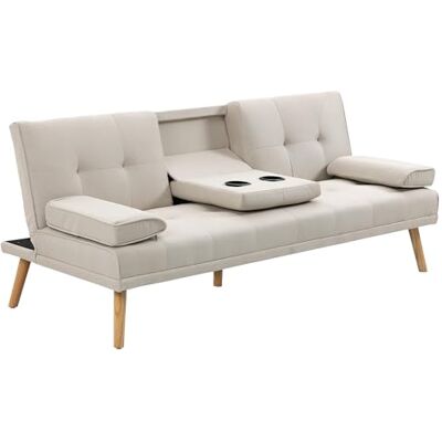 HOMCOM Canapé Convertible 3 Places Dossier Réglable 3 Niveaux Beige Canapé-Lit Rembourré, 2 Coussins, 2 Porte-Gobelets Intégrés, Tissu de Lin, pour Salon, Chambre d'Amis, Petit Espace HOMCOM Canapé Convertible 3 Places Dossier Réglable 3 Niveaux Beige Canapé-Lit Rembourré, 2 Coussins, 2 Porte-Gobelets Intégrés, Tissu de Lin, pour Salon, Chambre d'Amis, Petit Espace