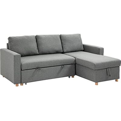 HOMCOM Canapé d'Angle Convertible Canapé Lit 3 Places Modulable Gris Méridienne Réversible, Coffre de Rangement Intégré, 3 Coussins de Dossier, Tissu Aspect Lin HOMCOM Canapé d'Angle Convertible Canapé Lit 3 Places Modulable Gris Méridienne Réversible, Coffre de Rangement Intégré, 3 Coussins de Dossier, Tissu Aspect Lin