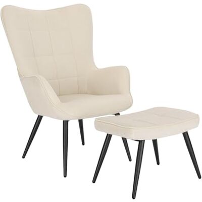 WOLTU Fauteuil à oreilles avec tabouret, fauteuil de relaxation avec rembourrage, blanc crème Fauteuil vintage en velours côtelé, mousse, métal, pour salon, chambre à coucher, balcon, jusqu'à 100 kg WOLTU Fauteuil à oreilles avec tabouret, fauteuil de relaxation avec rembourrage, blanc crème Fauteuil vintage en velours côtelé, mousse, métal, pour salon, chambre à coucher, balcon, jusqu'à 100 kg
