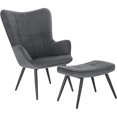 WOLTU Fauteuil à oreilles avec tabouret, fauteuil relax avec rembourrage, gris foncé WOLTU Fauteuil à oreilles avec tabouret, fauteuil relax avec rembourrage, gris foncé