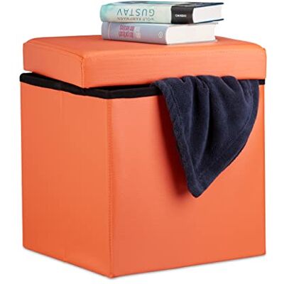 Relaxdays Tabouret pliant similicuir pouf de rangement pliable repose-pieds stockage carré 38 x 38 x 38 cm, orange Relaxdays Tabouret pliant similicuir pouf de rangement pliable repose-pieds stockage carré 38 x 38 x 38 cm, orange