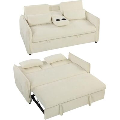 HOMCOM Canapé Convertible 2 Places 3 en 1 Dossier Réglable Chenille Beige Canapé-lit ClicClac, Porte-Gobelets, Poches Latérales, 2 Coussins, Salon, Chambre d'Amis, Petit Espace HOMCOM Canapé Convertible 2 Places 3 en 1 Dossier Réglable Chenille Beige Canapé-lit ClicClac, Porte-Gobelets, Poches Latérales, 2 Coussins, Salon, Chambre d'Amis, Petit Espace
