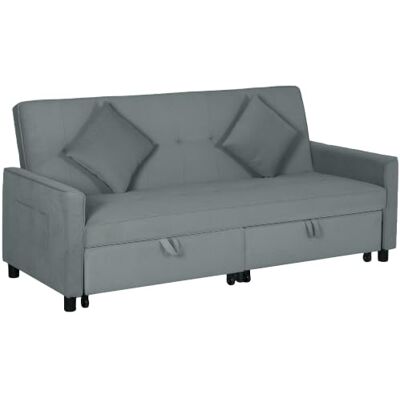 HOMCOM Canapé Convertible 3 Places Canapé Clic-Clac Lit Réversible Gris Dossier Réglable, Coussins, Tissu Aspect Velours, Salon, Chambre d'Amis, Moderne HOMCOM Canapé Convertible 3 Places Canapé Clic-Clac Lit Réversible Gris Dossier Réglable, Coussins, Tissu Aspect Velours, Salon, Chambre d'Amis, Moderne