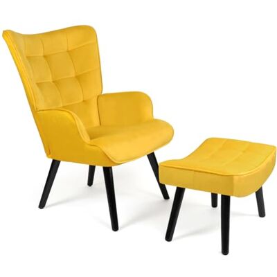 IDMarket Fauteuil scandinave ANIA avec repose-pieds en velours jaune IDMarket Fauteuil scandinave ANIA avec repose-pieds en velours jaune