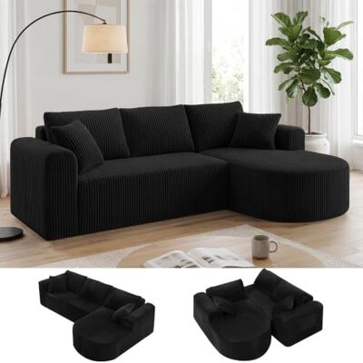 COMHOMA Canapé d'angle modulaire en velours côtelé de 263 cm avec méridienne, canapé-lit en forme de L, canapés sectionnels avec coussins et poches latérales, canapé pour salon, sans montage, noir COMHOMA Canapé d'angle modulaire en velours côtelé de 263 cm avec méridienne, canapé-lit en forme de L, canapés sectionnels avec coussins et poches latérales, canapé pour salon, sans montage, noir