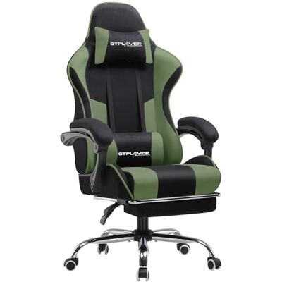 GTPLAYER Chaise de jeu, en tissu, ergonomique, avec repose-pieds, appuie-tête, coussin lombaire rembourré, pivotant, vert GTPLAYER Chaise de jeu, en tissu, ergonomique, avec repose-pieds, appuie-tête, coussin lombaire rembourré, pivotant, vert
