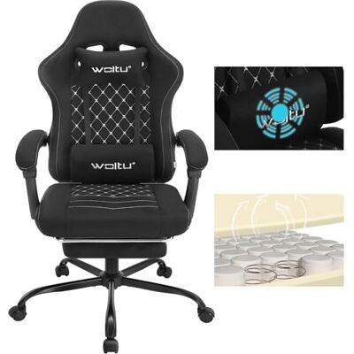 WOLTU Chaise de jeu avec massage, ergonomique, pivotante, rembourrée, pour ordinateur, avec coussin lombaire massant, charge 150 kg, tissu en maille, noir + blanc Ergonomique,Soutien Lombaire Massant, Appui-tête, Repose-Pieds, Tissu Technique, Charge 15 WOLTU Chaise de jeu avec massage, ergonomique, pivotante, rembourrée, pour ordinateur, avec coussin lombaire massant, charge 150 kg, tissu en maille, noir + blanc Ergonomique,Soutien Lombaire Massant, Appui-tête, Repose-Pieds, Tissu Technique, Charge 15