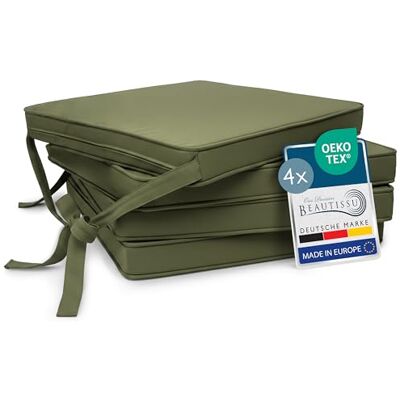 Beautissu Set de 4 coussin de chaise déhoussable lavable avec bandes assise 45x40cm vert olive galette de d'intérieur d' exterieur jardin Fixation antidérapant Loft SK Beautissu Set de 4 coussin de chaise déhoussable lavable avec bandes assise 45x40cm vert olive galette de d'intérieur d' exterieur jardin Fixation antidérapant Loft SK
