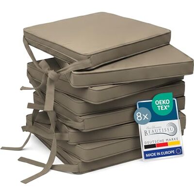 Beautissu Set de 8 coussin de chaise d'intérieur galette déhoussable assise 45x40cm Taupe avec bandes de fixation d' exterieur jardin Lavable rembourrage cuisine antidérapante ronde Loft SK Beautissu Set de 8 coussin de chaise d'intérieur galette déhoussable assise 45x40cm Taupe avec bandes de fixation d' exterieur jardin Lavable rembourrage cuisine antidérapante ronde Loft SK
