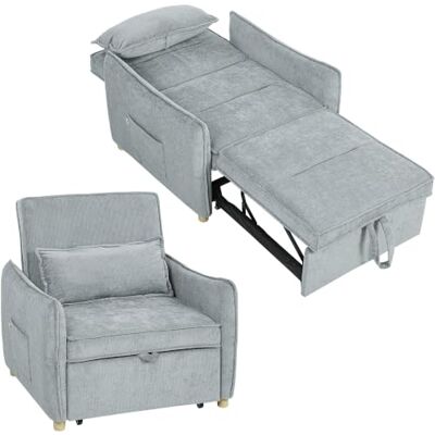 HOMCOM Fauteuil Convertible 1 Place 3 en 1 Fauteuil-Lit Chenille Gris Clic-Clac, Assise Large, Dossier Réglable, Oreiller, Poches Latérales, Canapé-Lit pour Invités, Salon, Petits Espaces HOMCOM Fauteuil Convertible 1 Place 3 en 1 Fauteuil-Lit Chenille Gris Clic-Clac, Assise Large, Dossier Réglable, Oreiller, Poches Latérales, Canapé-Lit pour Invités, Salon, Petits Espaces