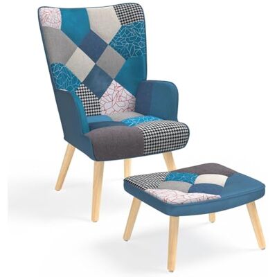 IDMarket Fauteuil scandinave Ivar avec Repose Pieds en Tissu Patchwork et Velours Bleu IDMarket Fauteuil scandinave Ivar avec Repose Pieds en Tissu Patchwork et Velours Bleu
