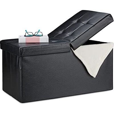 Relaxdays Banquette, avec espace de rangement, pliable, Apparence en cuir, couvercle rabattable, Banc-coffre, noir Relaxdays Banquette, avec espace de rangement, pliable, Apparence en cuir, couvercle rabattable, Banc-coffre, noir
